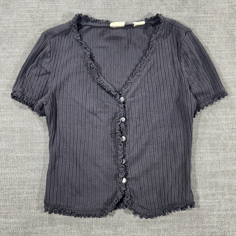 Levi's Cardigan Top Womens XS Gray Excellent Ribbed Lettuce Trim Button Front